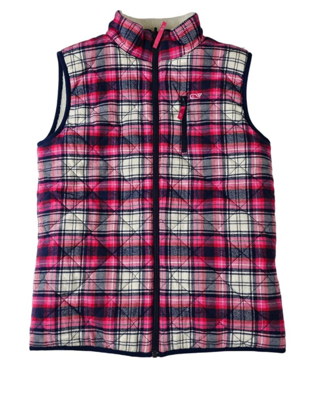 Vineyard Vines Reversible Sherpa Vest Size M 10 - 12 Pink Plaid